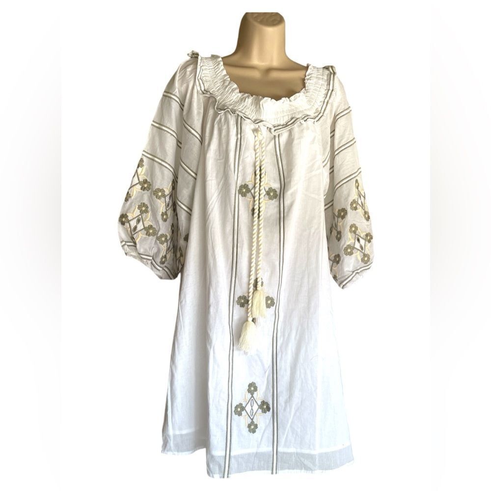NWTCatherine Malandrino Top Womens XL White Green Embroidered Stripe Tassel Boho